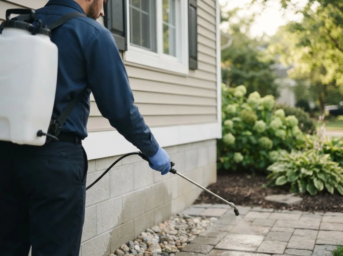 Pest control technician inspecting a home in Woodgate, NY